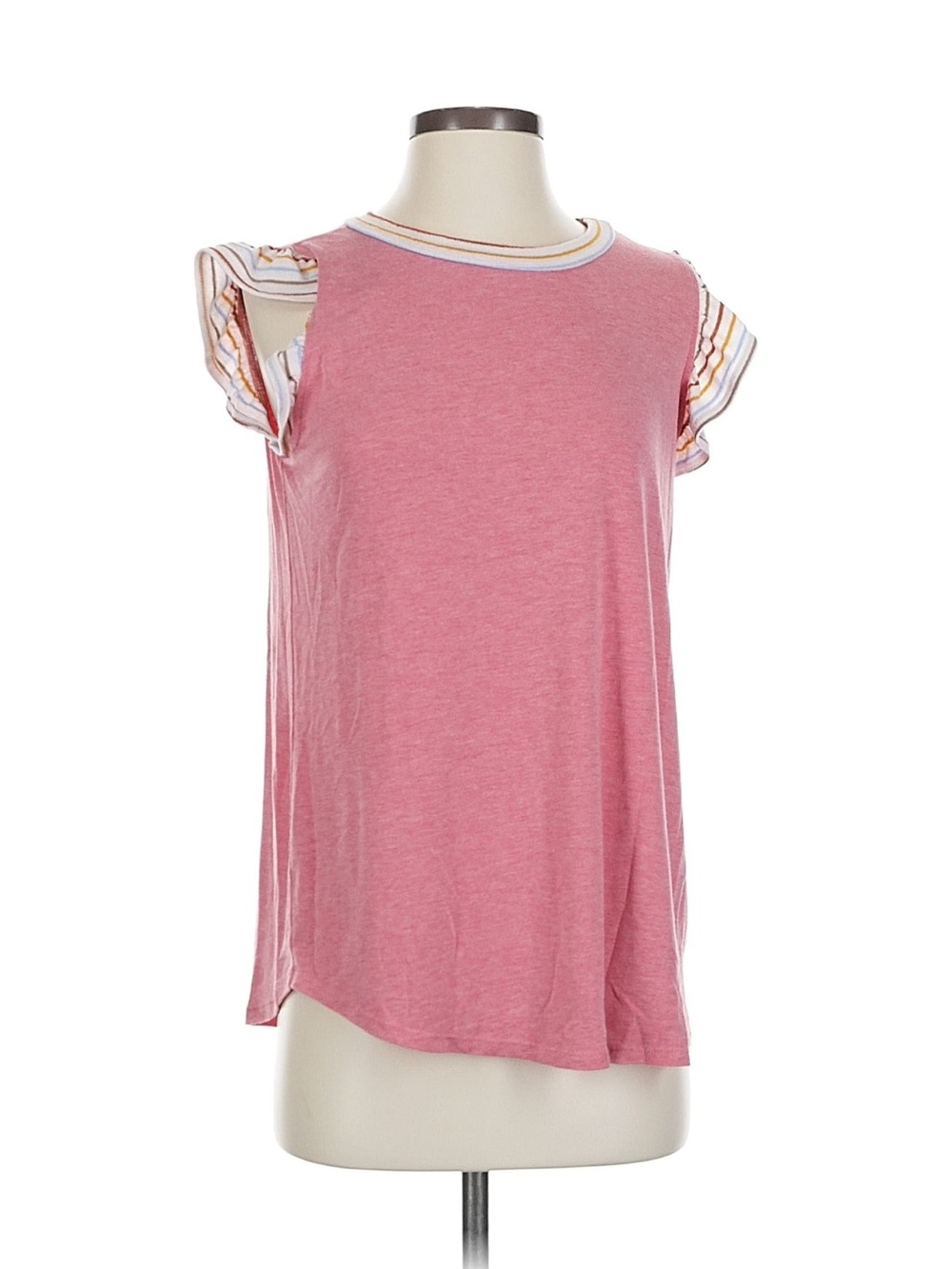 Ces Femme Pink Ruffle Sleeve Tank with Stripe Trim